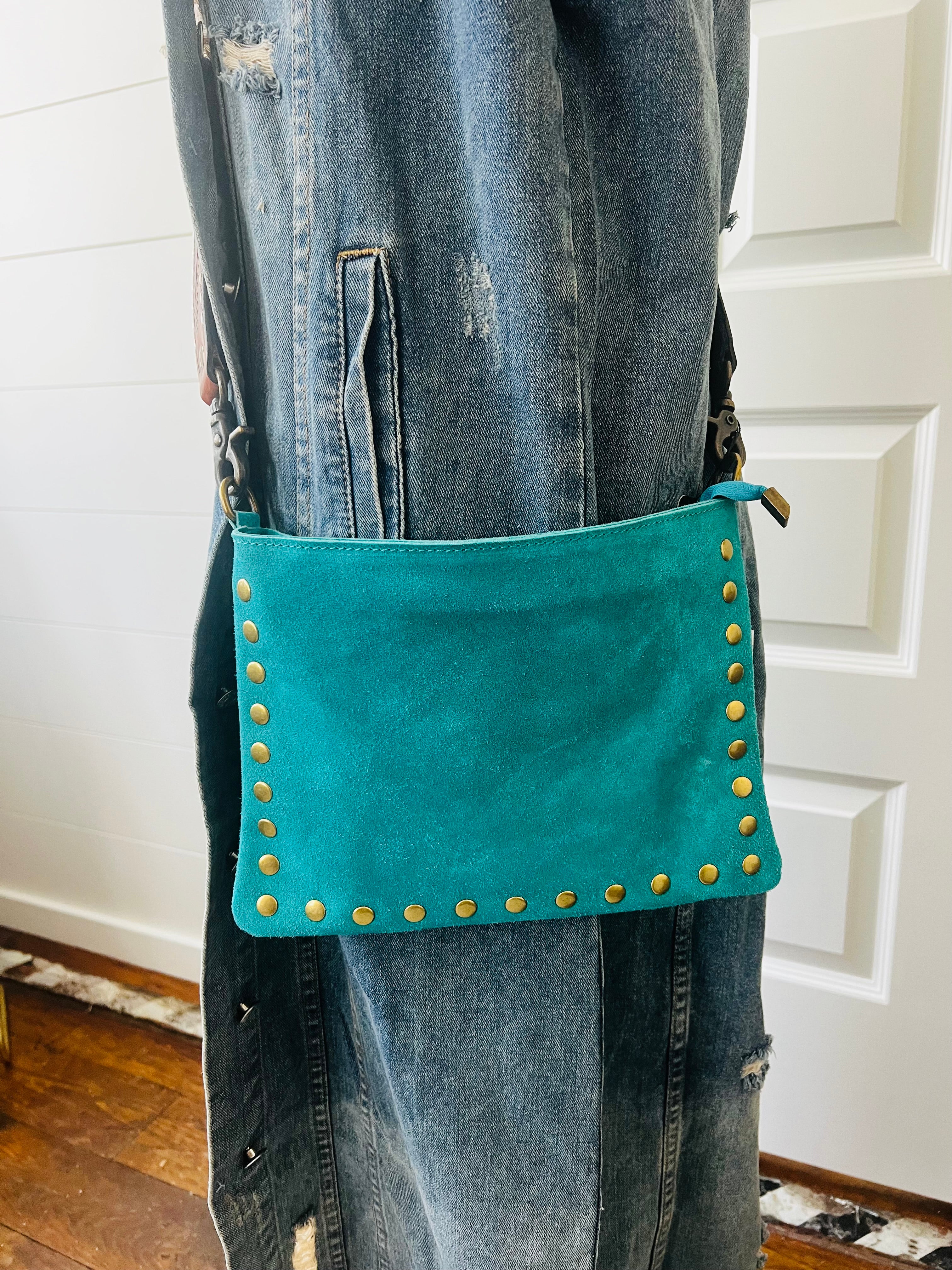 Turquoise Suede Leather Handbag w/ tooled purse strap