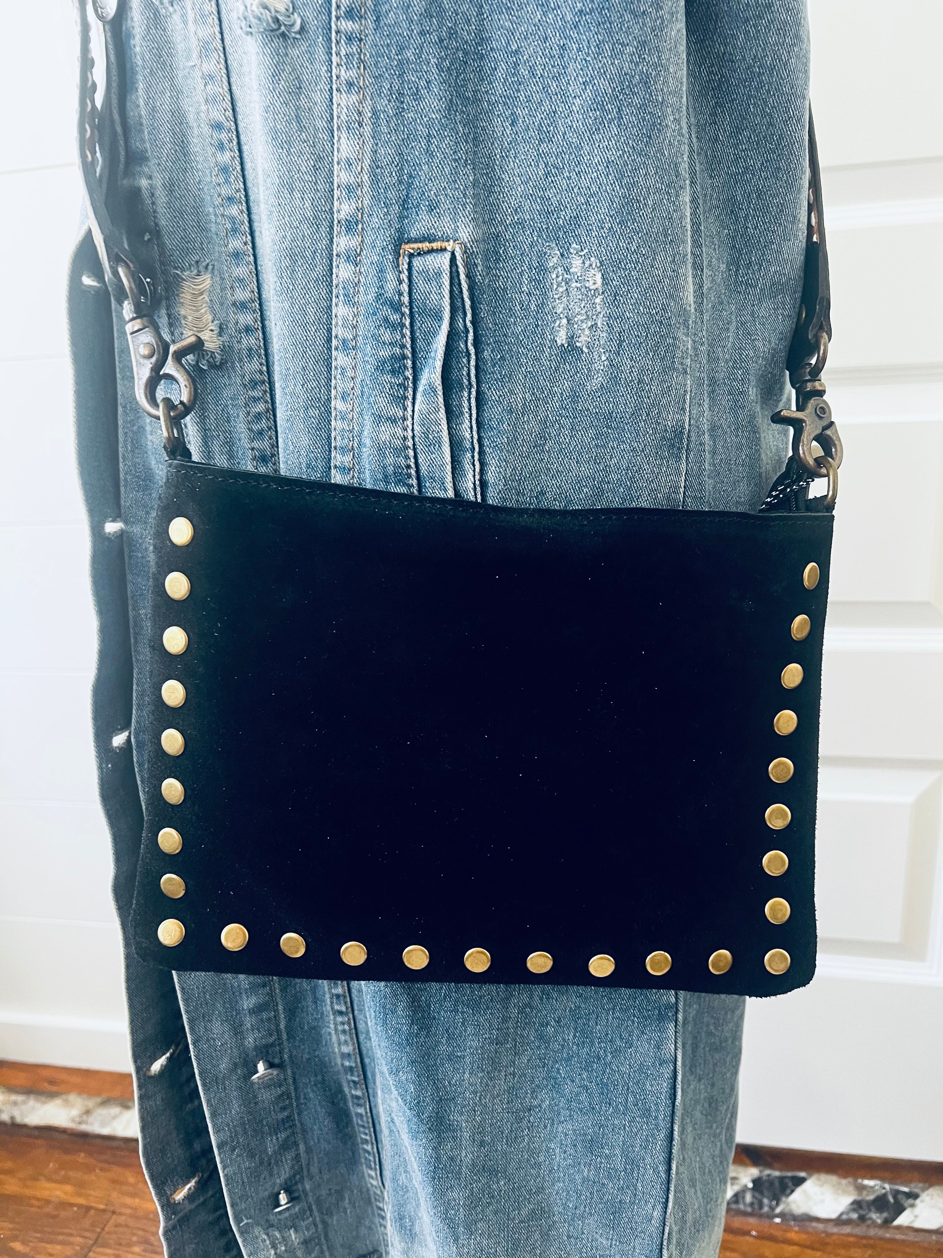 Black Suede Leather Handbag w/ tooled purse strap
