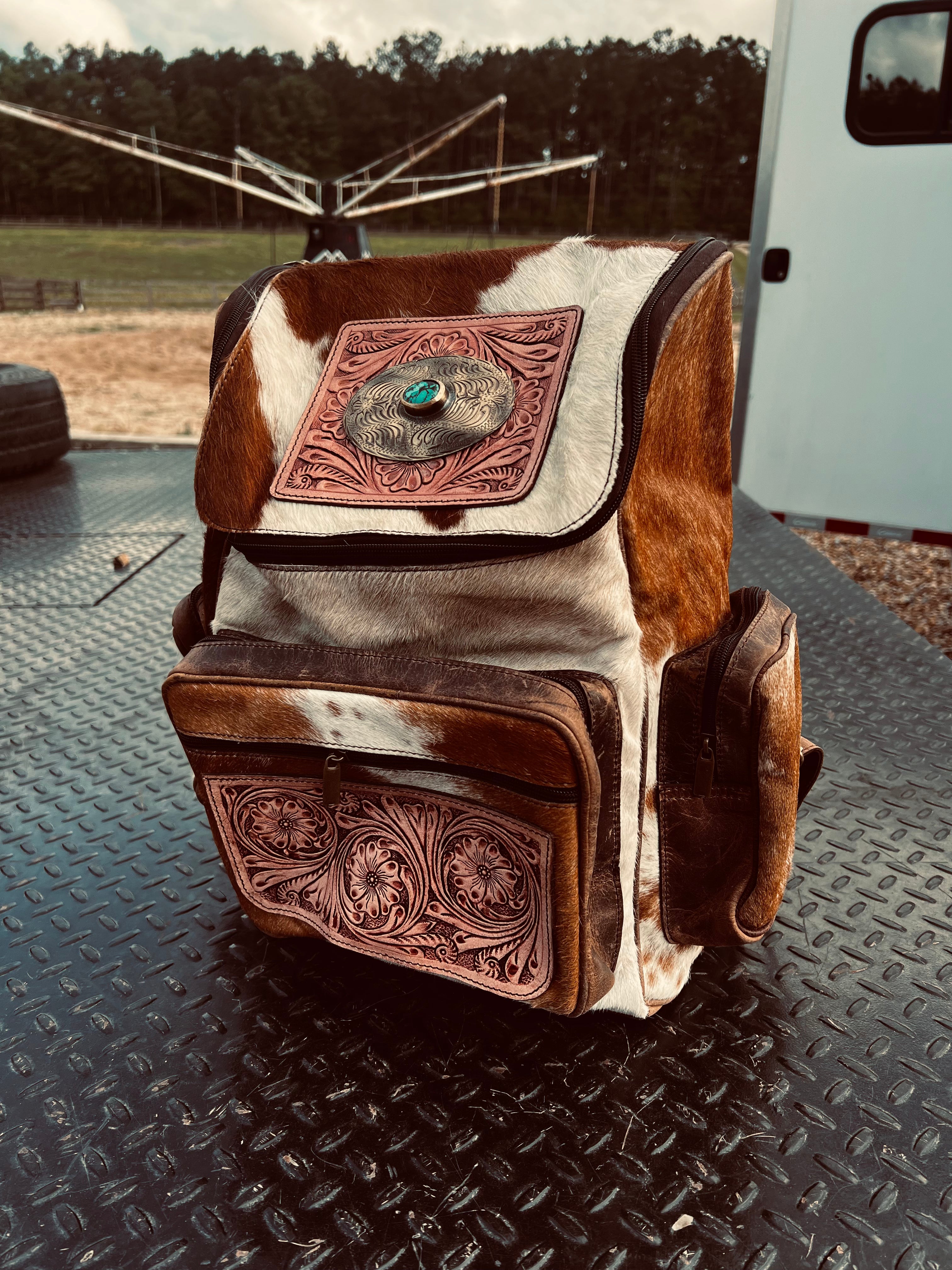 Concho Tooled Backpack with cowhide